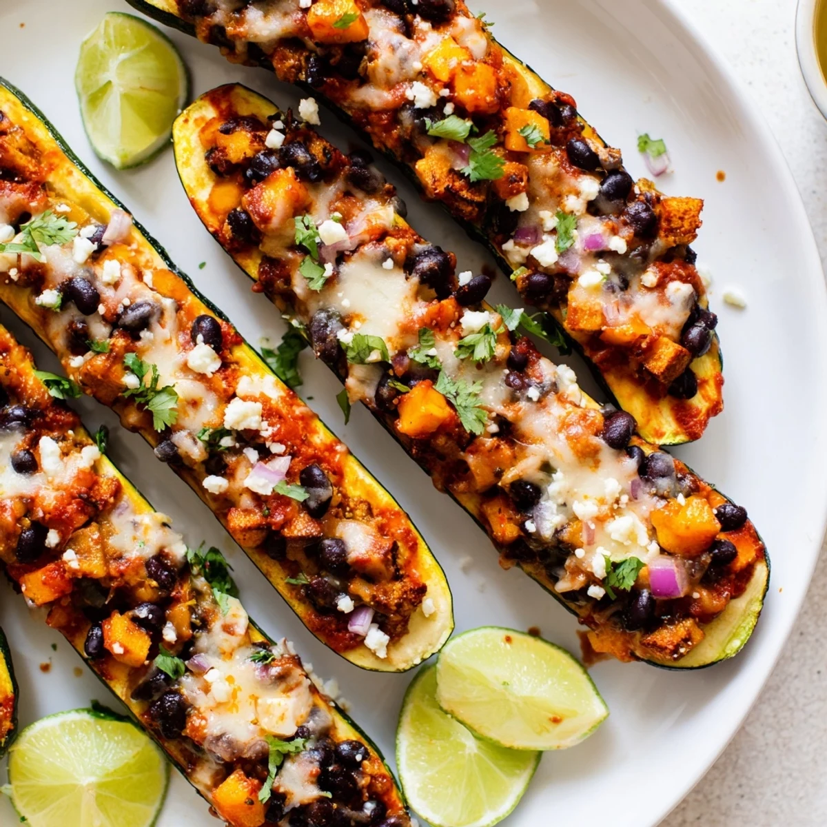 Black Bean and Butternut Squash Enchilada Boats garnished with fresh cilantro, avocado slices, and lime wedges on a rustic plate.