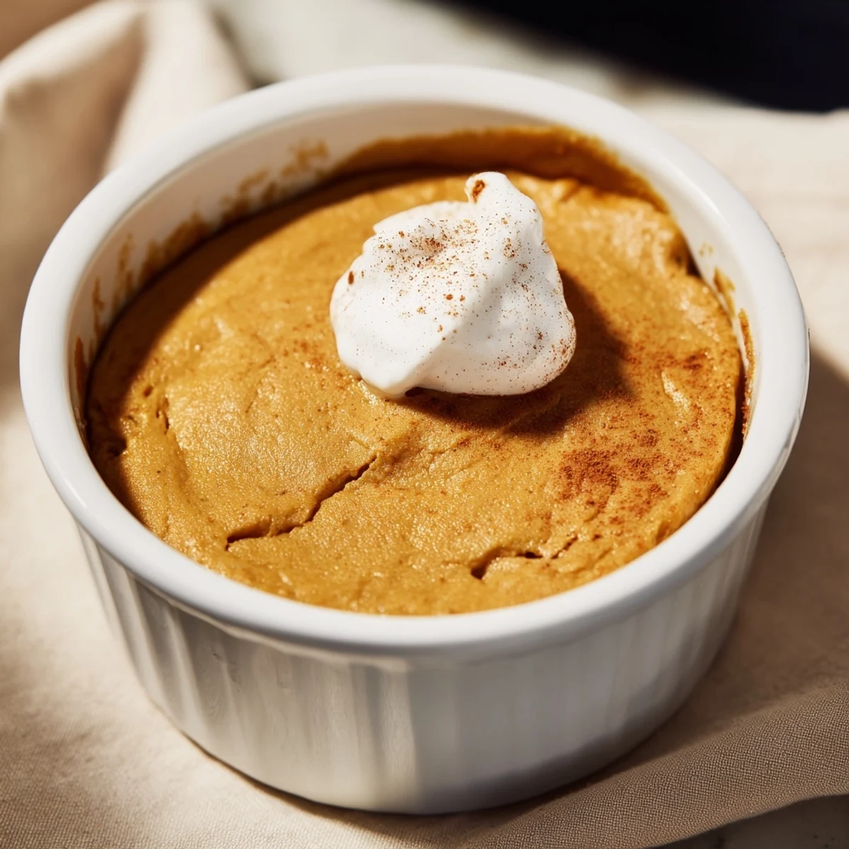 A close-up of Effortless Baked Pumpkin Pudding garnished with toasted pecans on a rustic table.