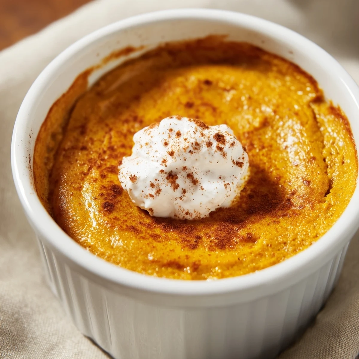 Silky Effortless Baked Pumpkin Pudding served warm from a baking dish with a cinnamon dollop.