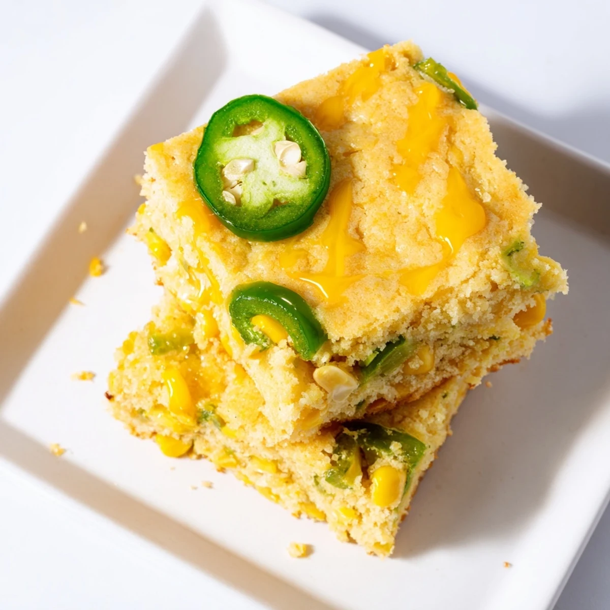A close-up of golden-brown Spicy Sweet Jalapeño Cornbread with Zesty Lime Drizzle on a rustic wooden board, featuring visible jalapeño flecks and a glistening glaze, perfect for serving with barbecue or chili.