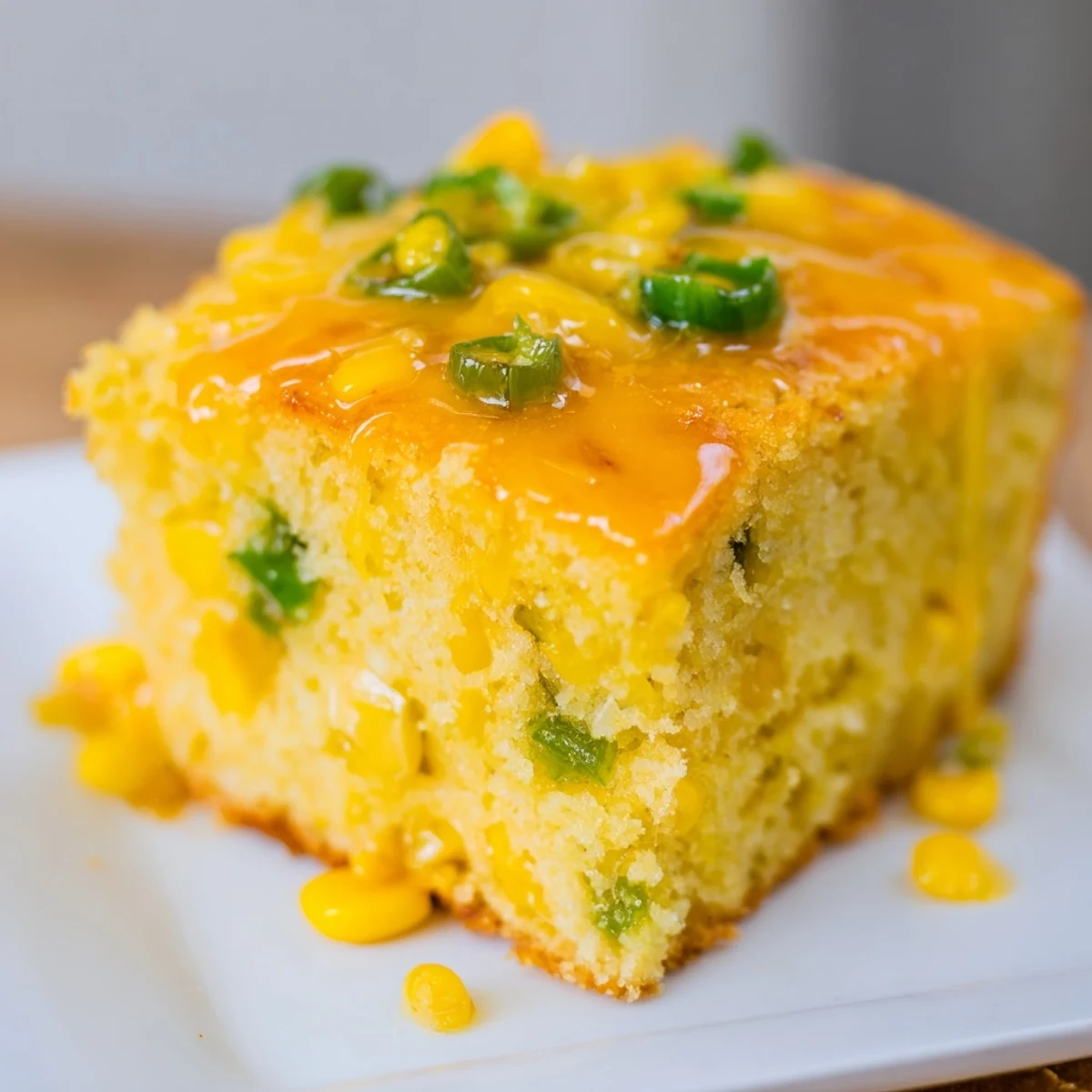 Slices of Spicy Sweet Jalapeño Cornbread with Zesty Lime Drizzle arranged on a white ceramic plate, showing moist crumb texture and fresh lime zest garnish, ready for a Tex-Mex dinner side dish.