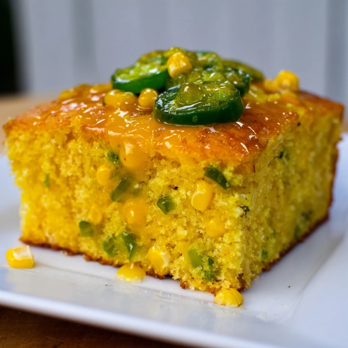A generous wedge of warm Spicy Sweet Jalapeño Cornbread with Zesty Lime Drizzle being lifted with a fork, highlighting its tender interior and glossy citrus topping, ideal for a vegetarian snack.