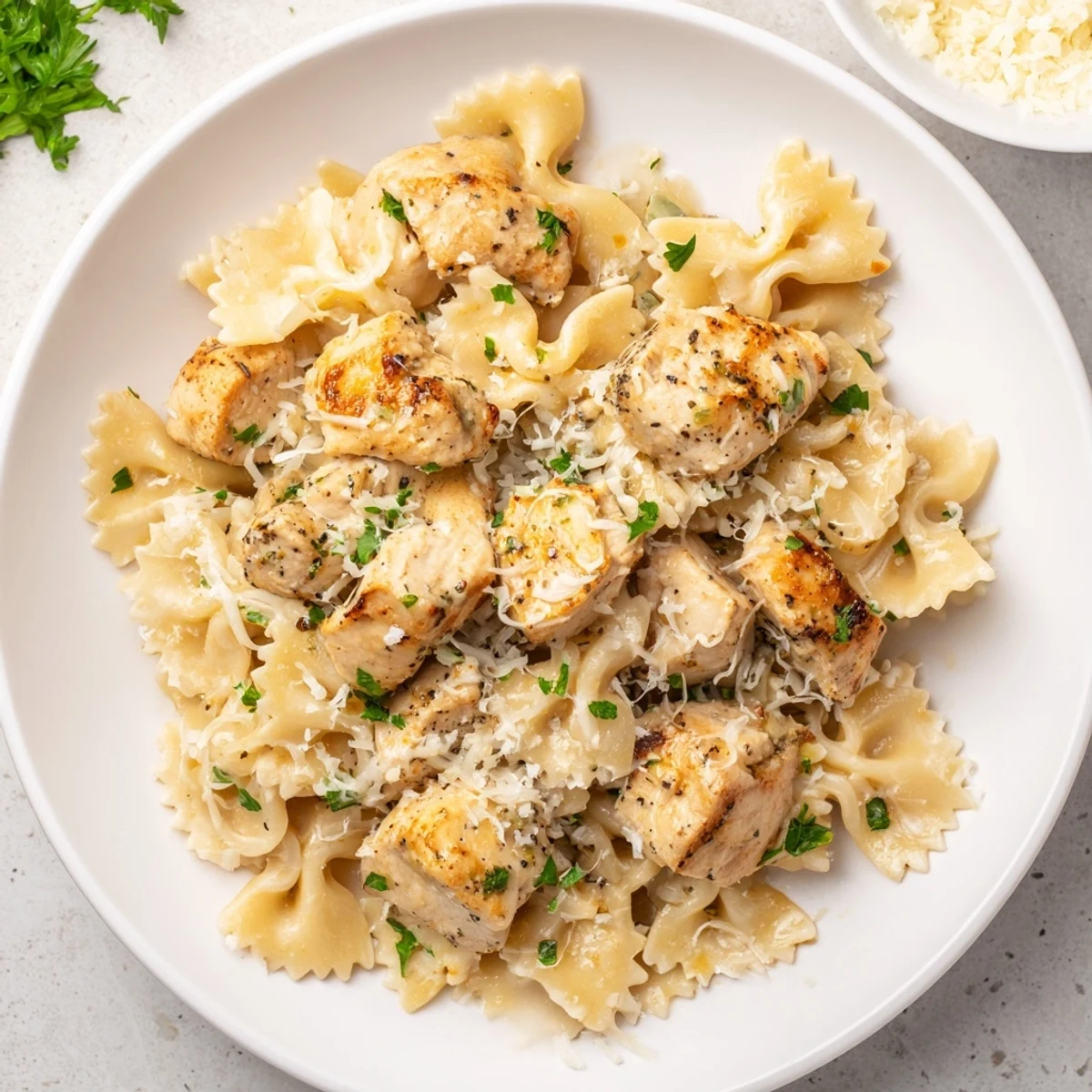 Golden pieces of chicken and bowtie pasta tossed in garlic butter, topped with melted mozzarella and fresh parsley, ready to serve.