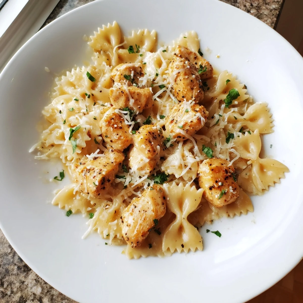 Close-up of bowtie pasta coated in creamy garlic butter sauce with tender chicken, showcasing melted mozzarella and parmesan for a comforting meal.