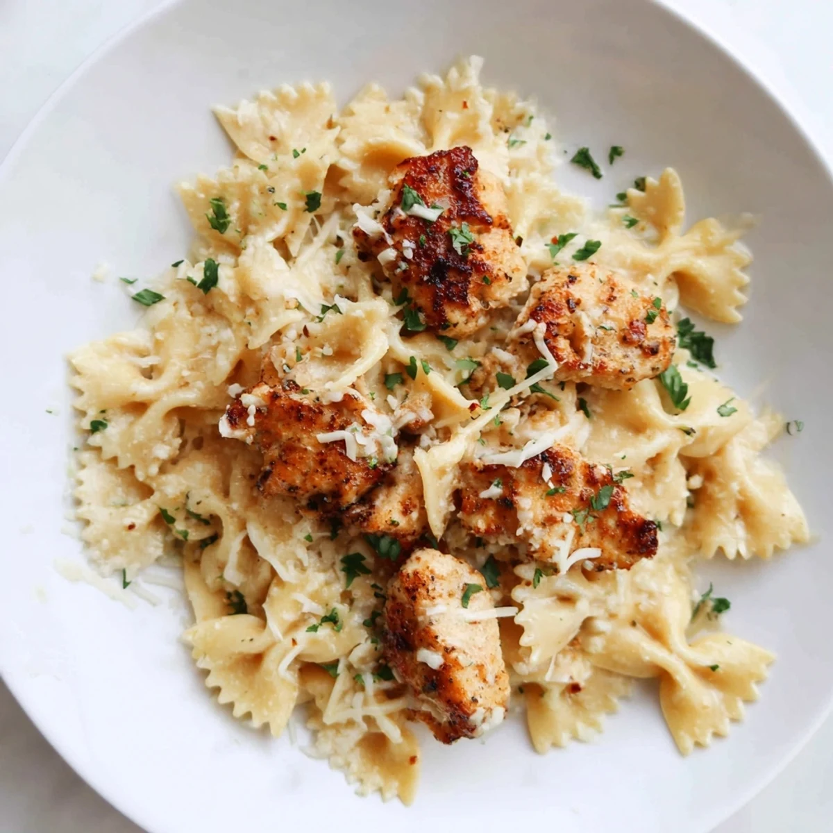 Mozzarella Garlic Butter Chicken Bowties in Cheesy Cream served steaming hot on a white plate, garnished with herbs and ready for dinner.