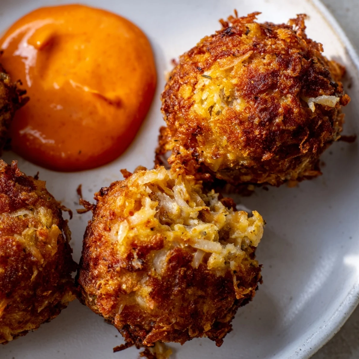 Golden-brown Reuben Balls with Spicy Thousand Island sauce are piled on a white plate, showing crispy panko texture.