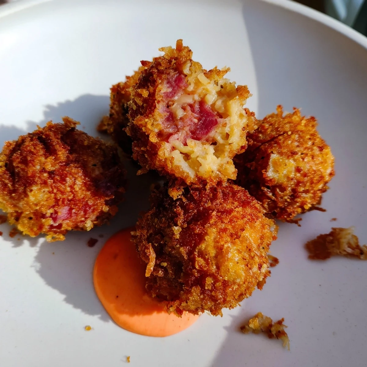Freshly fried Reuben Balls with Spicy Thousand Island sauce garnish a rustic board, steam rising from golden bites.