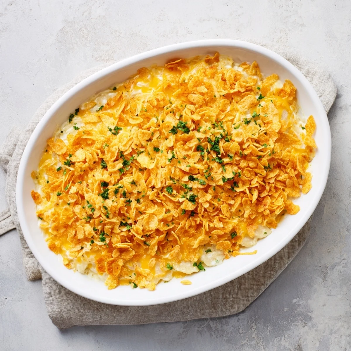 A close-up of Funeral Potatoes with Hashbrowns showcasing the creamy, cheesy texture and buttery crumble.