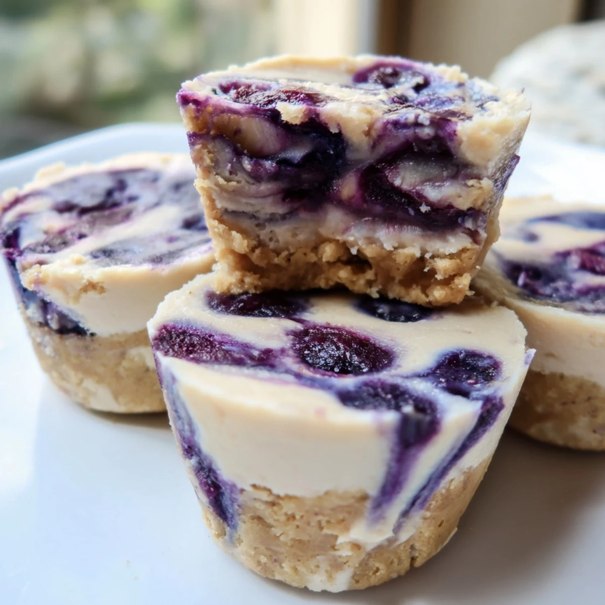 Blueberry Cheesecake Protein Bites with creamy filling, juicy blueberry swirls, and almond flour crust on a white plate.