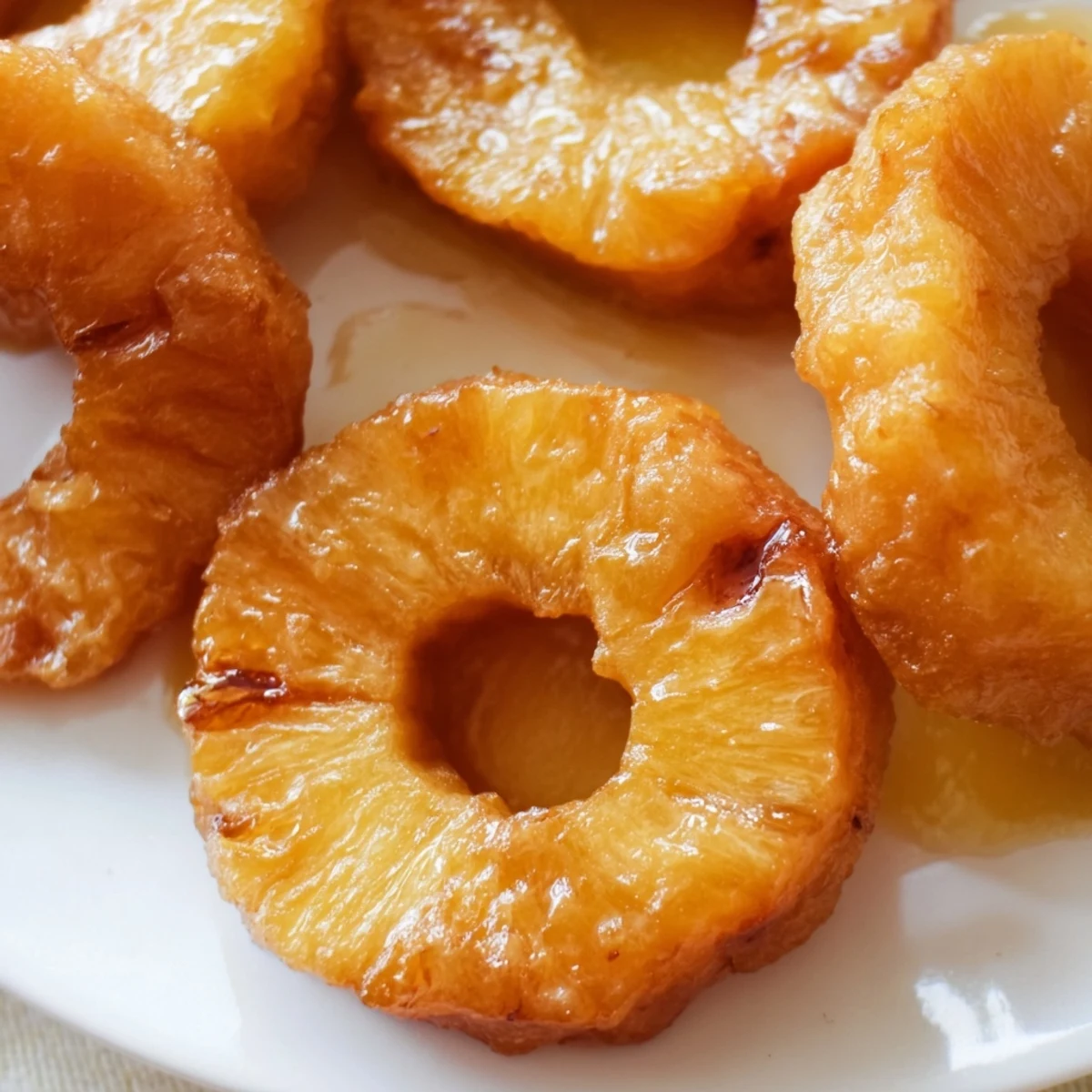 Caramelized Rum-Soaked Fried Pineapple rings glisten with golden batter, served warm on a dessert plate.