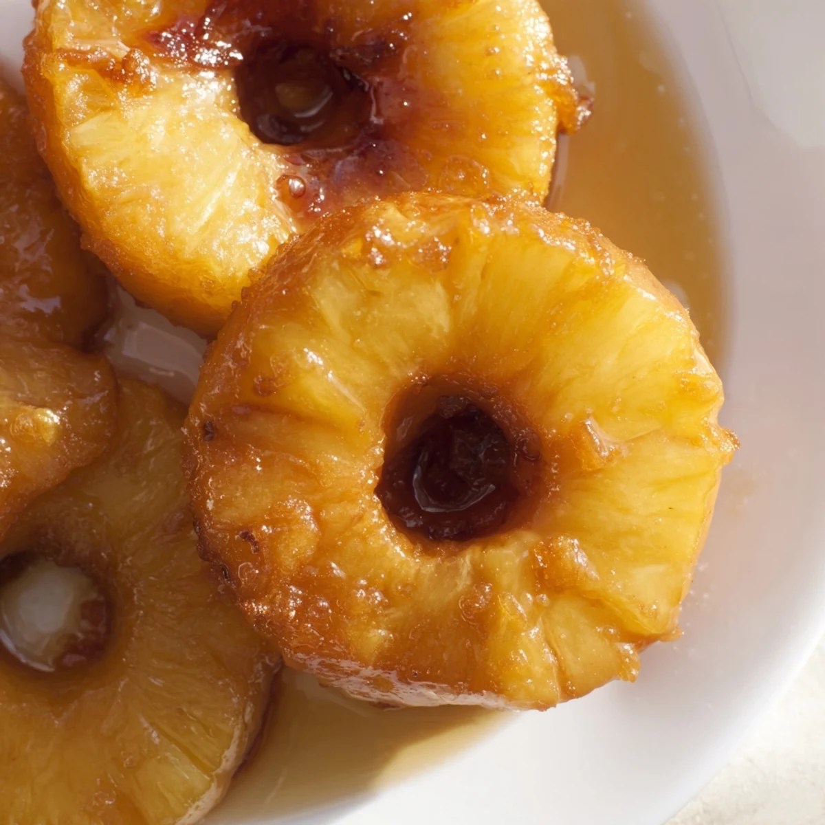 A close-up of Rum-Soaked Fried Pineapple bites dusted with cinnamon beside a scoop of vanilla ice cream.
