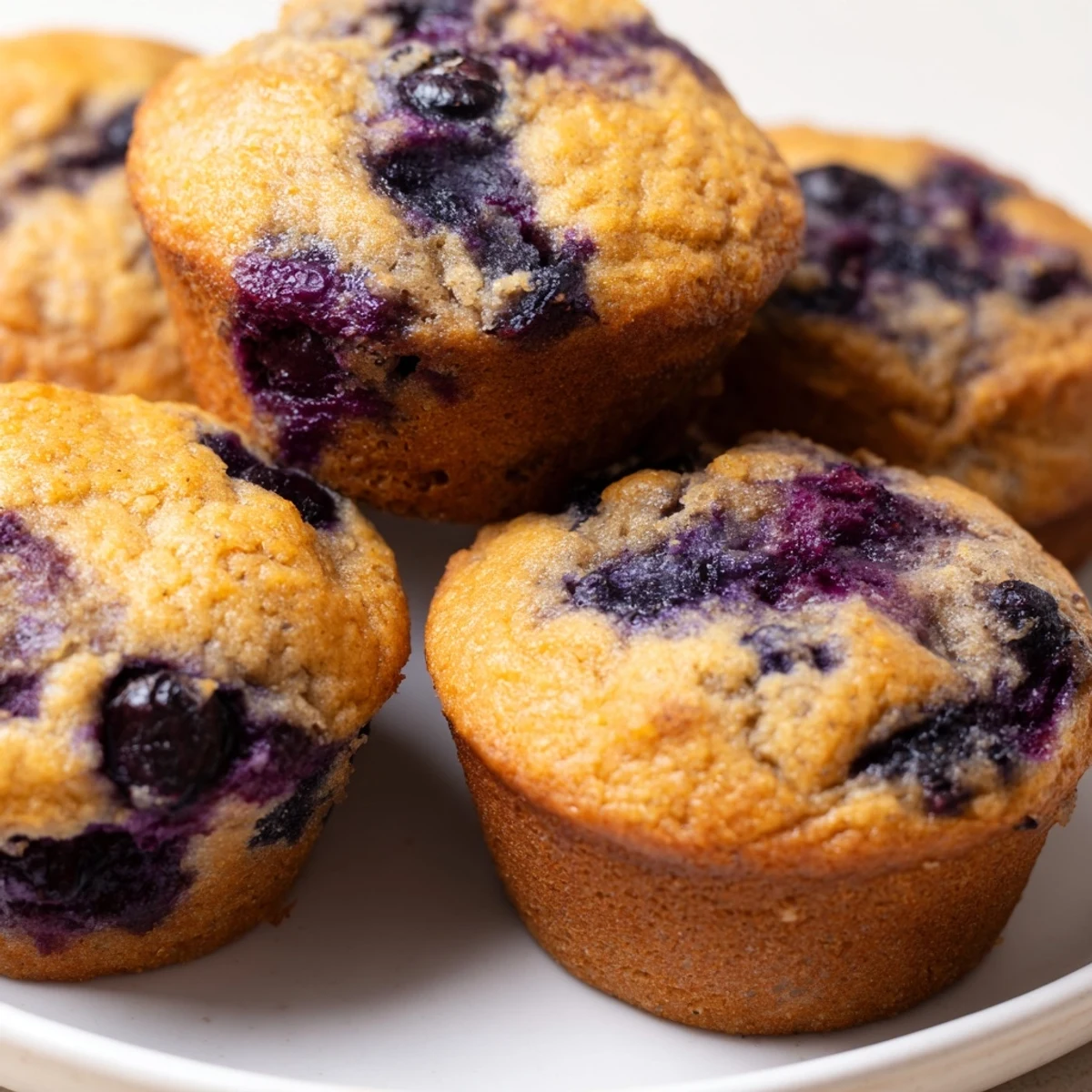 A single Blueberry Protein Muffin with Greek Yogurt sliced open reveals a moist, tender crumb and visible blueberry pockets.  