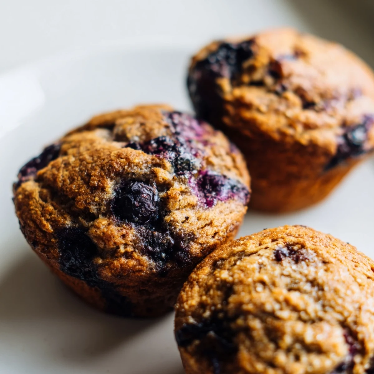 Close-up of a golden-topped Blueberry Protein Muffin with Greek Yogurt on a marble board, perfect for a breakfast snack.