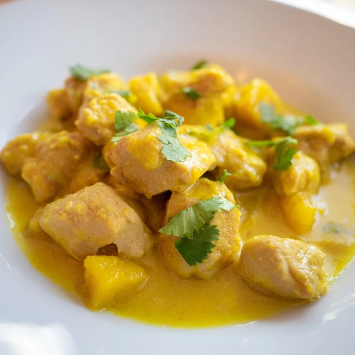 Sliced chicken sits in a creamy mango curry served over white basmati rice.