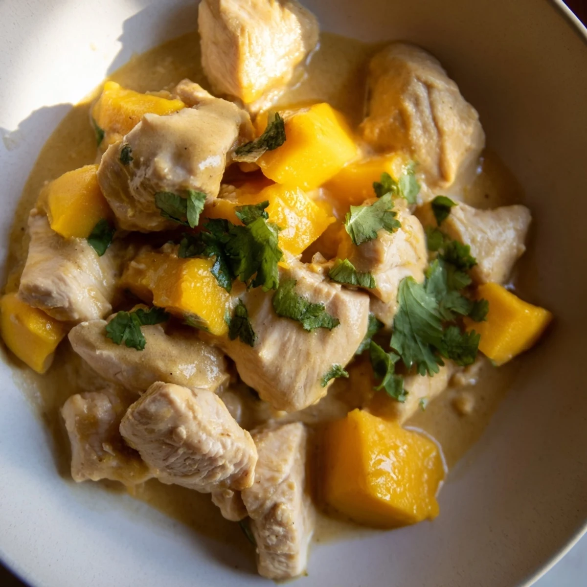 Golden pieces of chicken simmer in a vibrant mango coconut curry, garnished with fresh cilantro.