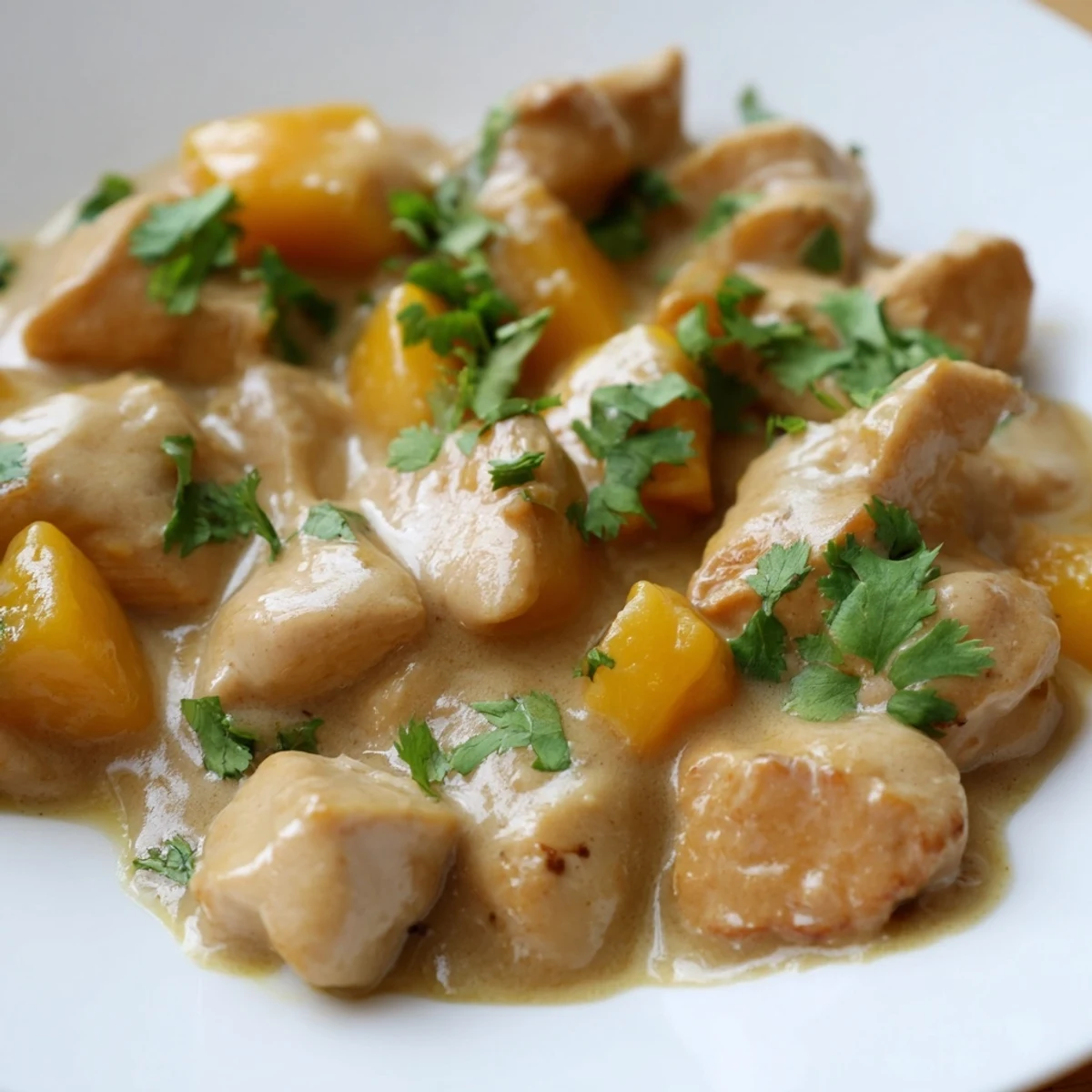 A close view of Mango Chicken Curry with tender chicken and a spoonful of aromatic sauce.