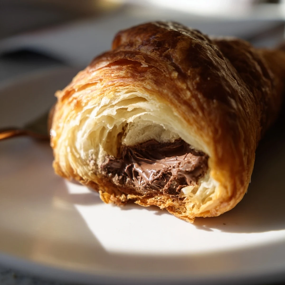 Flaky, golden Homemade Chocolate Croissants fresh from the oven, with melted chocolate peeking out from the crisp layers.