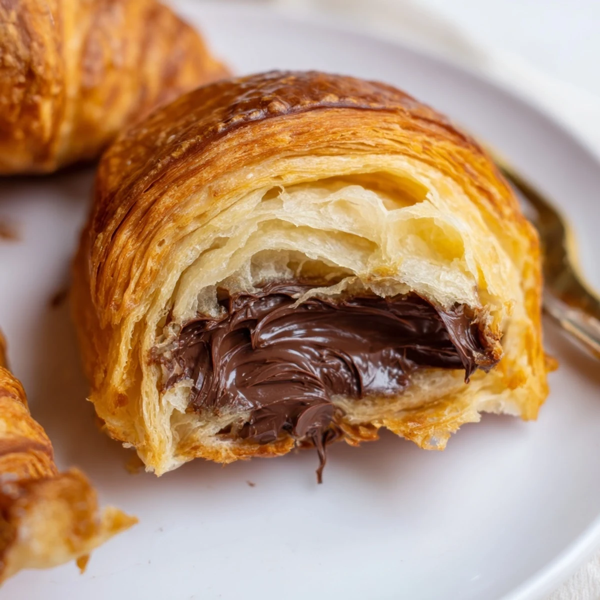 A close-up of a buttery Homemade Chocolate Croissant broken open to reveal the rich, dark chocolate filling inside.