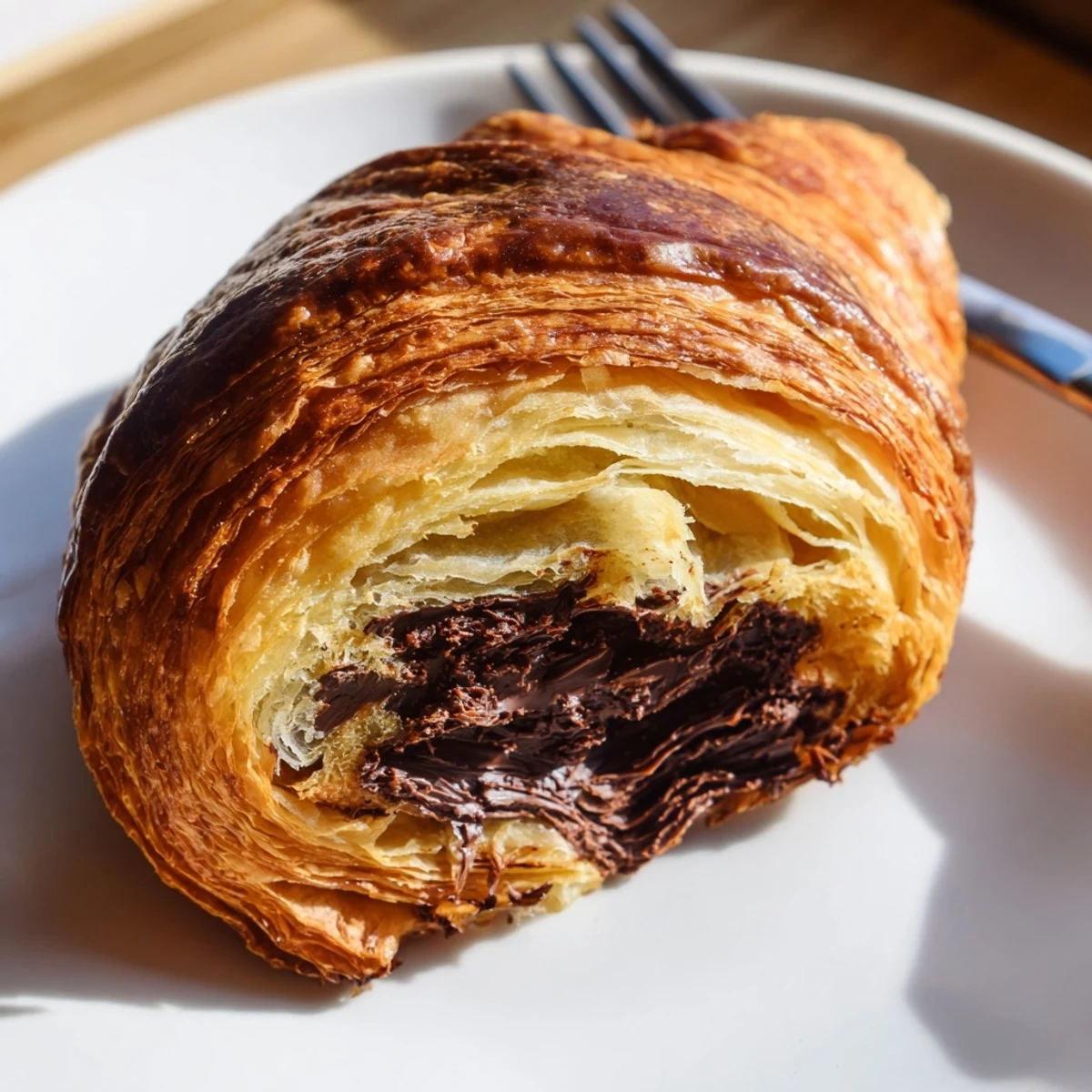 Homemade Chocolate Croissants arranged on a wooden board, dusted with powdered sugar, ready for a cozy breakfast treat.