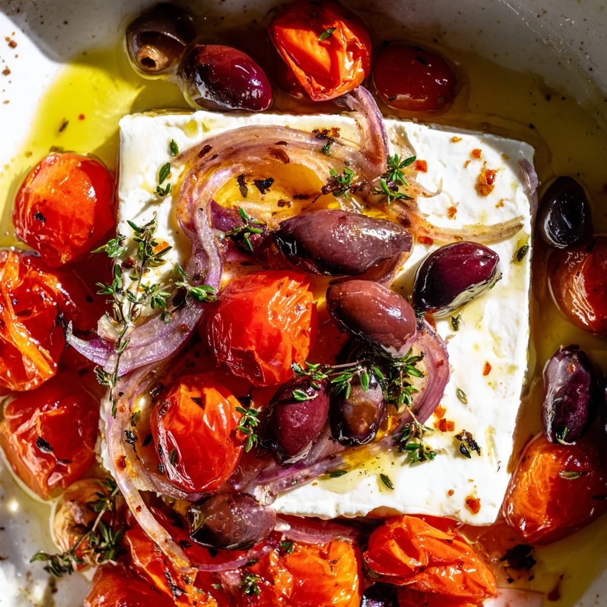 Rustic oven-baked Mediterranean Baked Feta Appetizer with olives, fresh herbs, and oregano, served with crusty bread.
