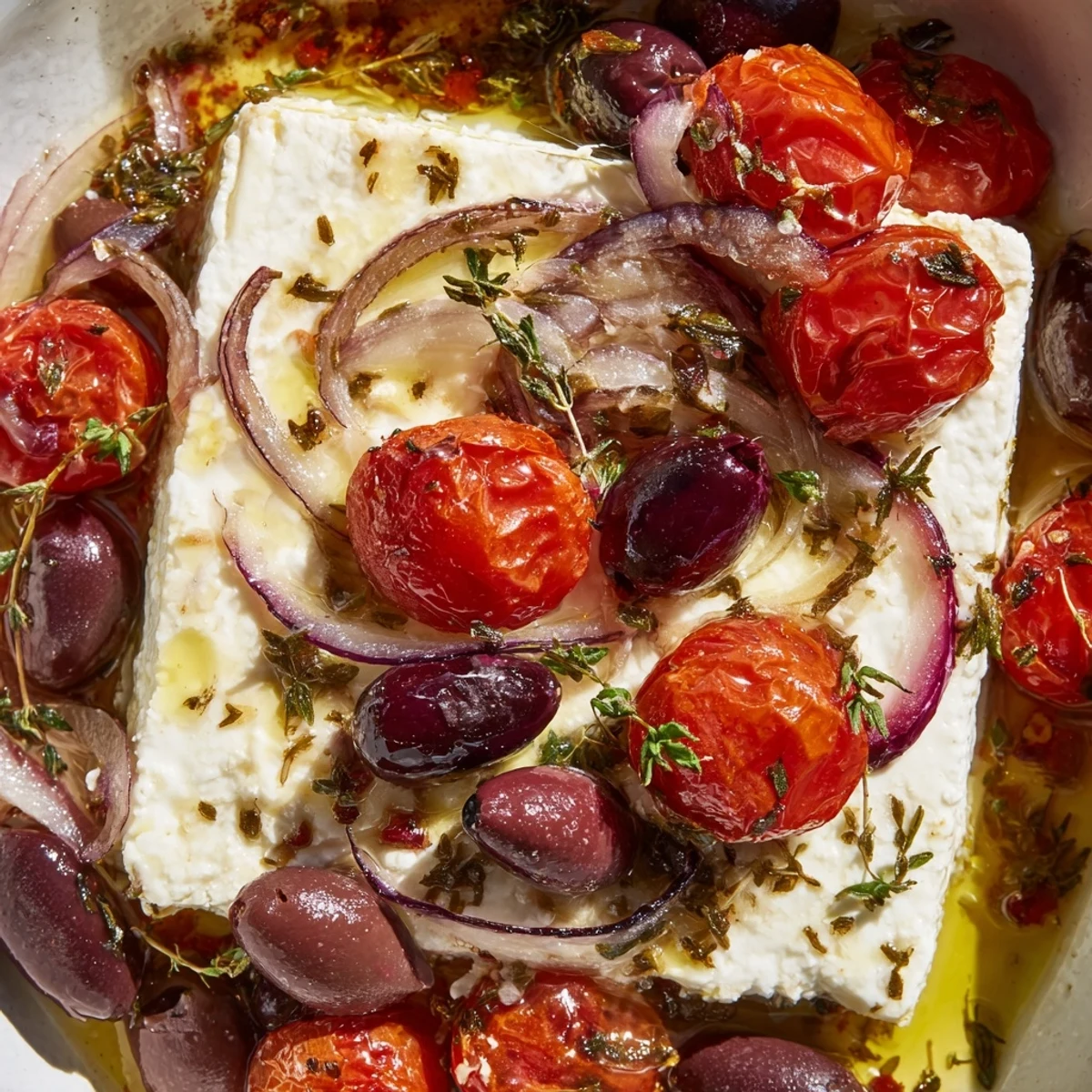Hot Mediterranean Baked Feta Appetizer with melty cheese, red onion slices, and lemon zest, ideal for sharing.