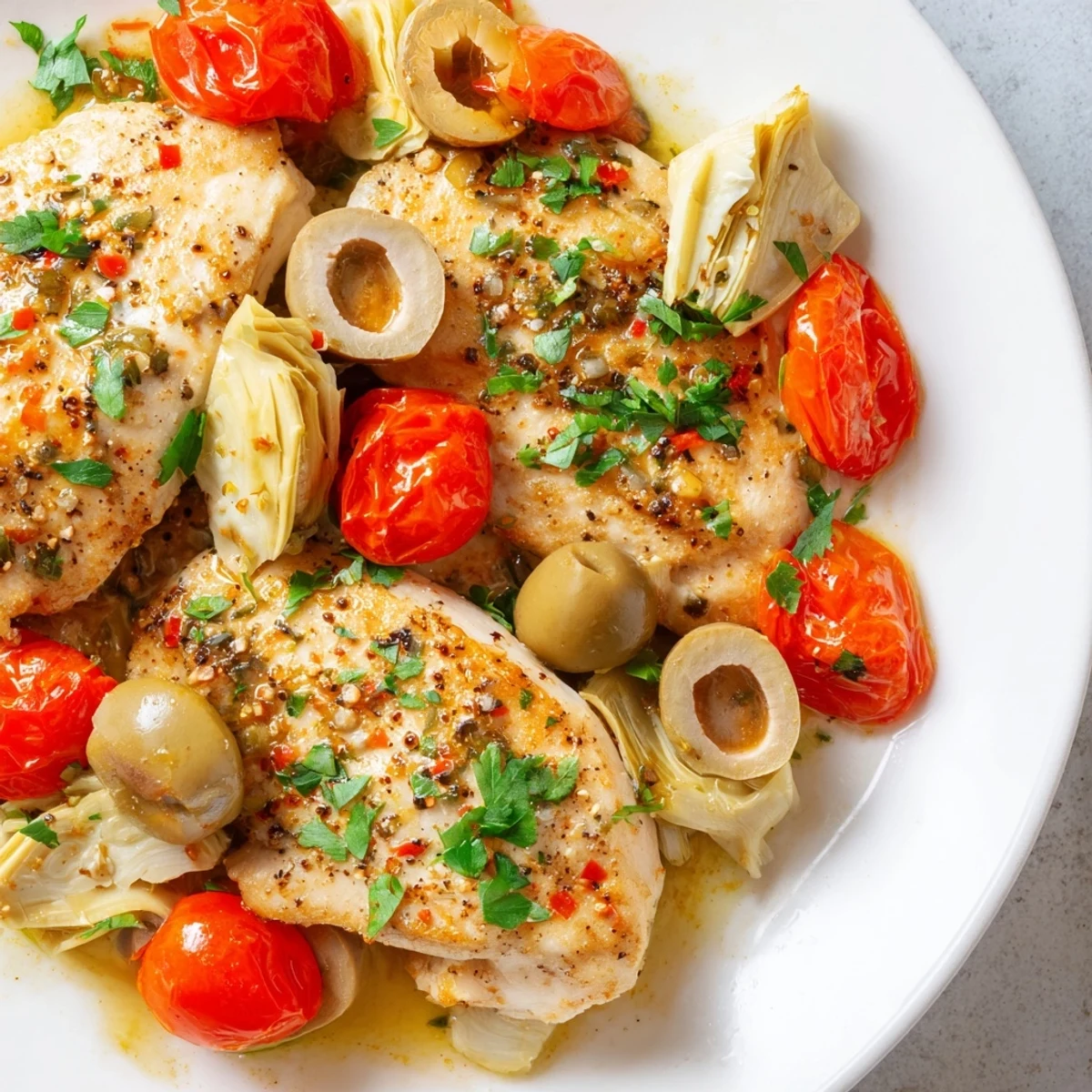 Seared Mediterranean Lemon Chicken with artichokes and olives, garnished with fresh parsley on a rustic plate.