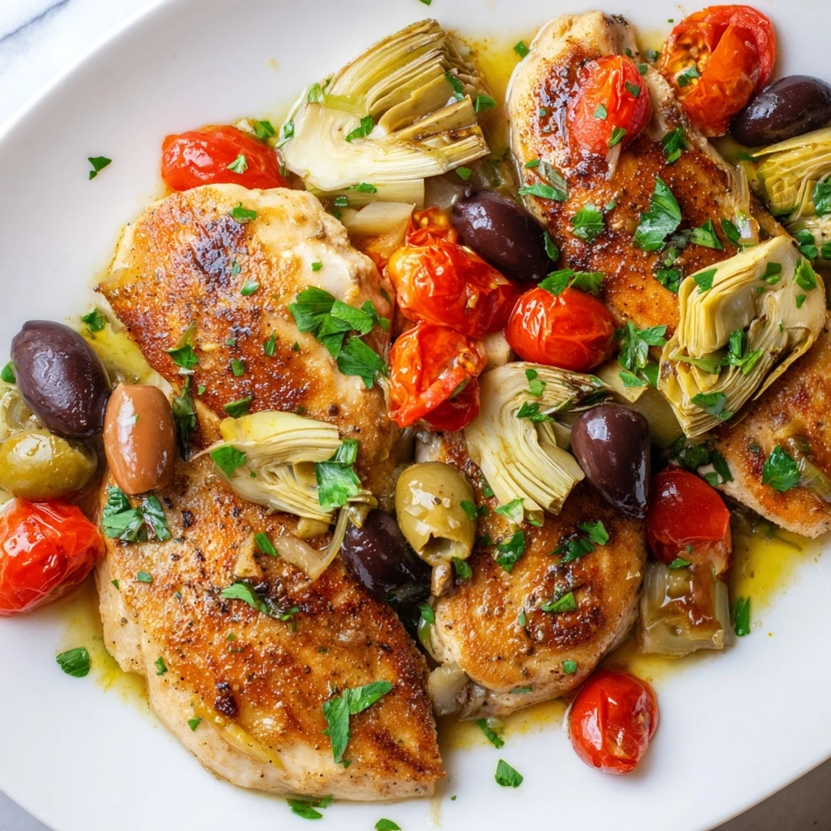 A close-up of Mediterranean Lemon Chicken featuring juicy chicken breasts and briny olives in a tomato-olive sauce.