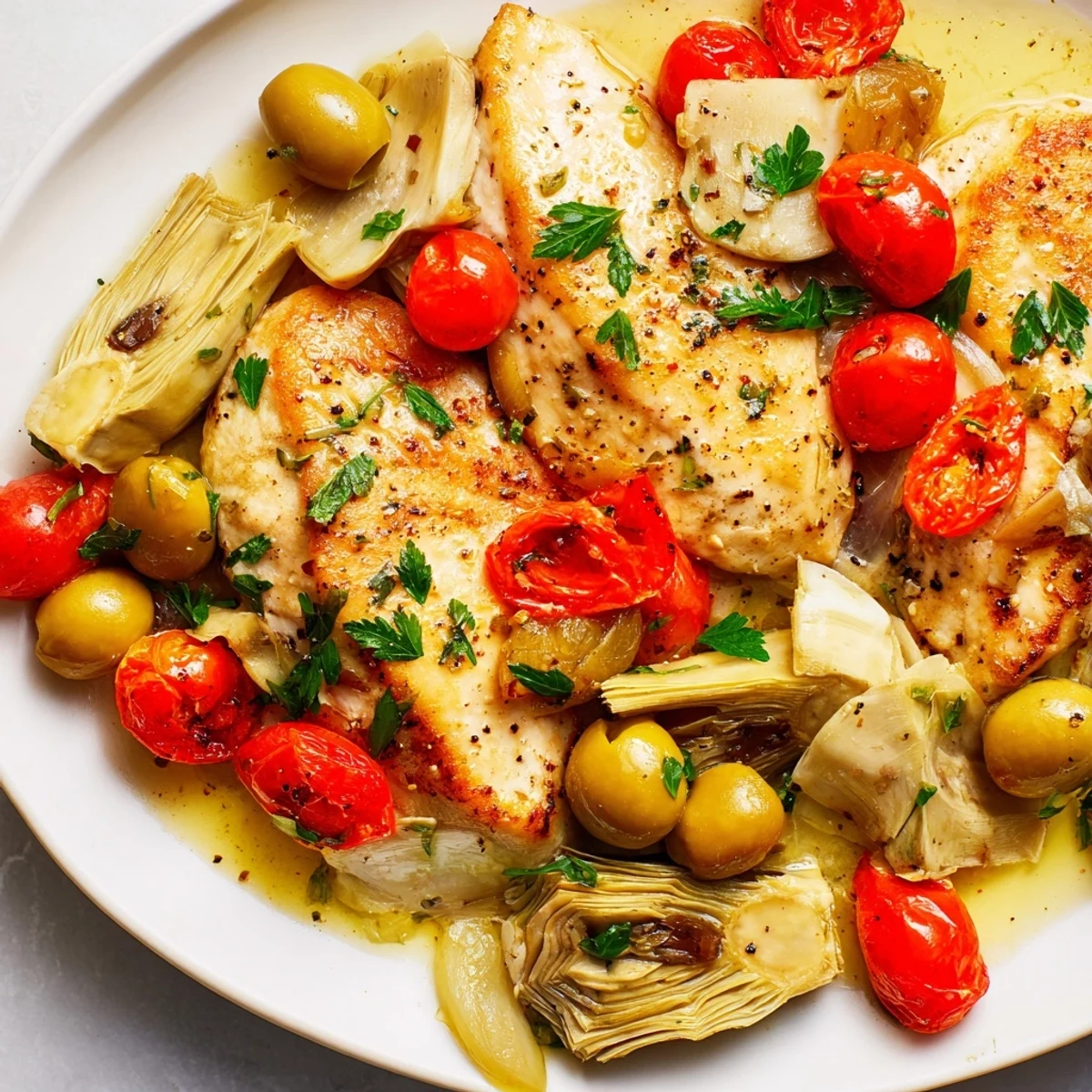 Golden-brown Mediterranean Lemon Chicken with tender artichokes and a bright lemon-herb garnish, ready to serve.