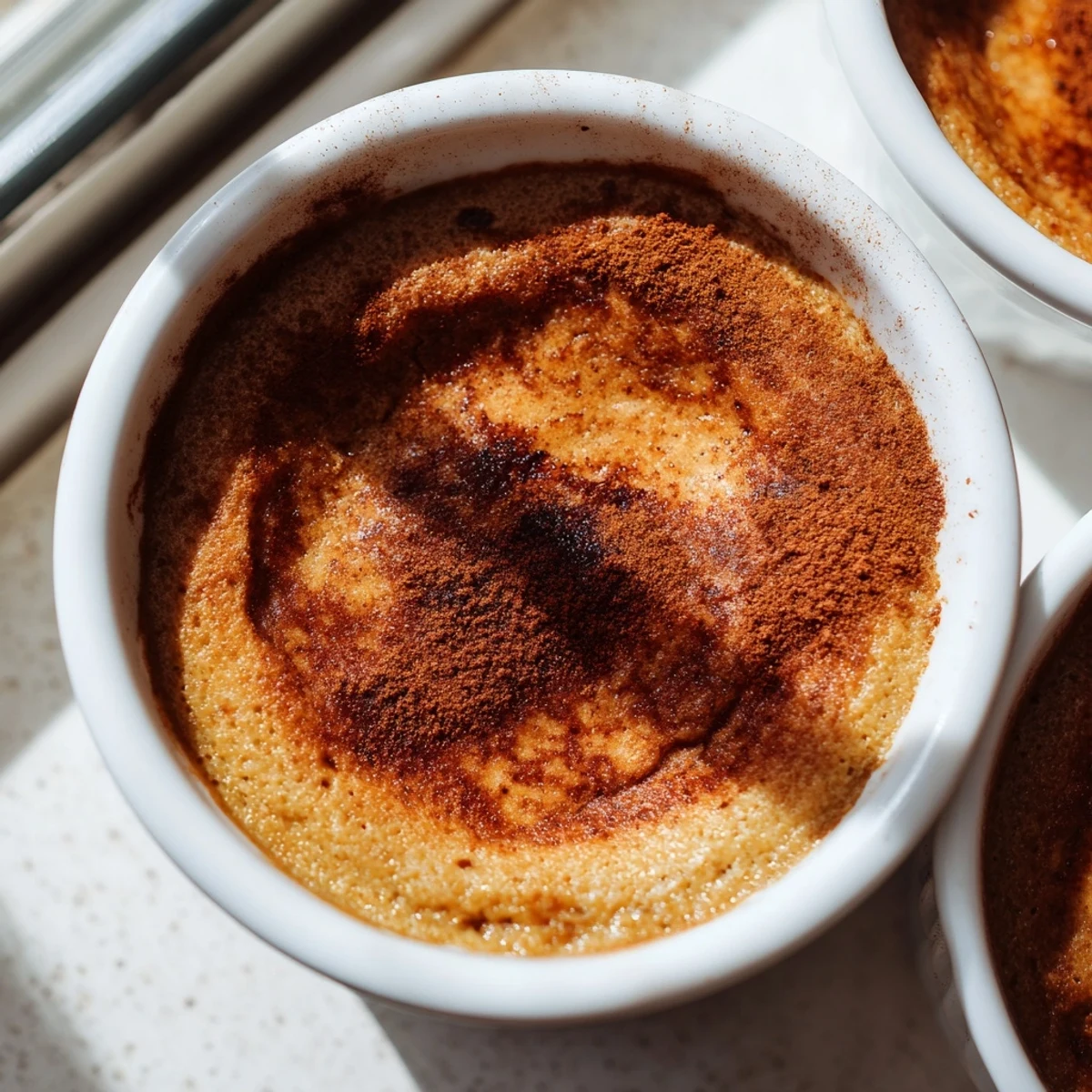 Freshly baked pumpkin spice pudding in a rustic dish, topped with whipped cream and a dusting of cinnamon.