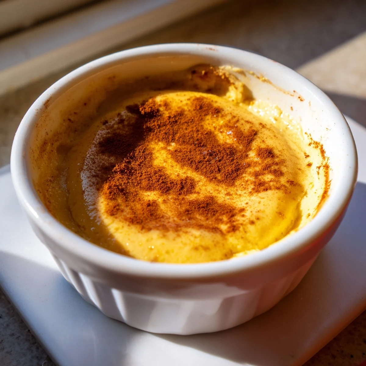 Golden baked pumpkin spice pudding cooling on a wooden board, ready to serve with a creamy topping.