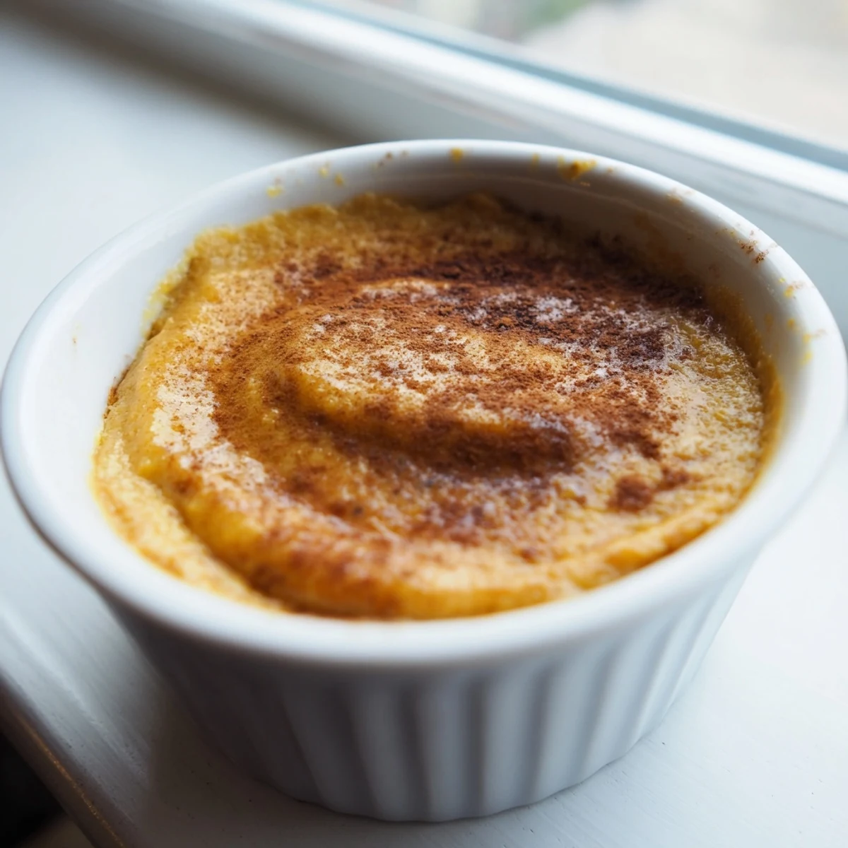 Warm baked pumpkin spice pudding served in individual ramekins, with a golden top and autumn spices.