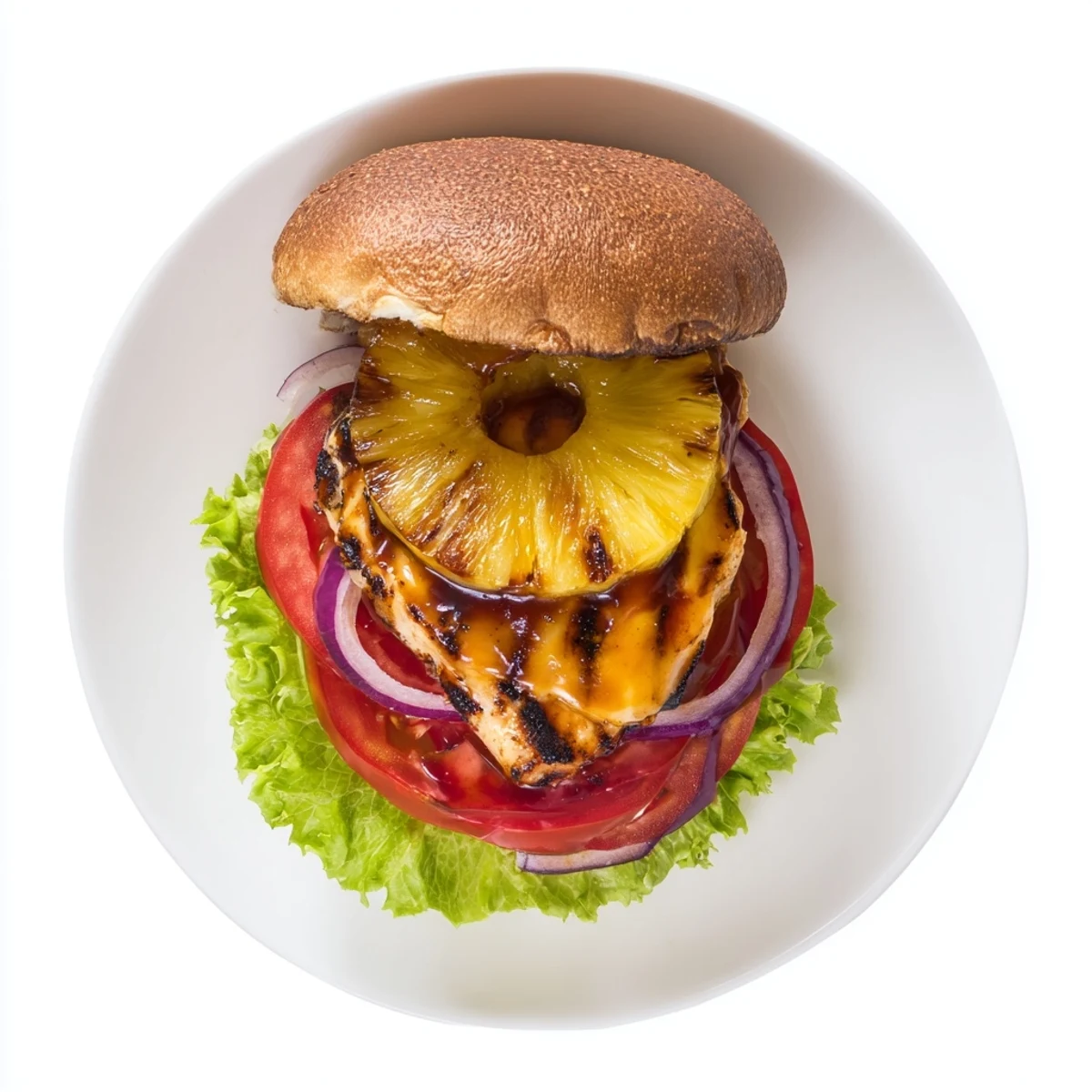 Golden-brown grilled Hawaiian Pineapple Chicken Burger on a toasted bun, with melted cheddar, barbecue sauce, lettuce, tomato, and sweet pineapple ring.