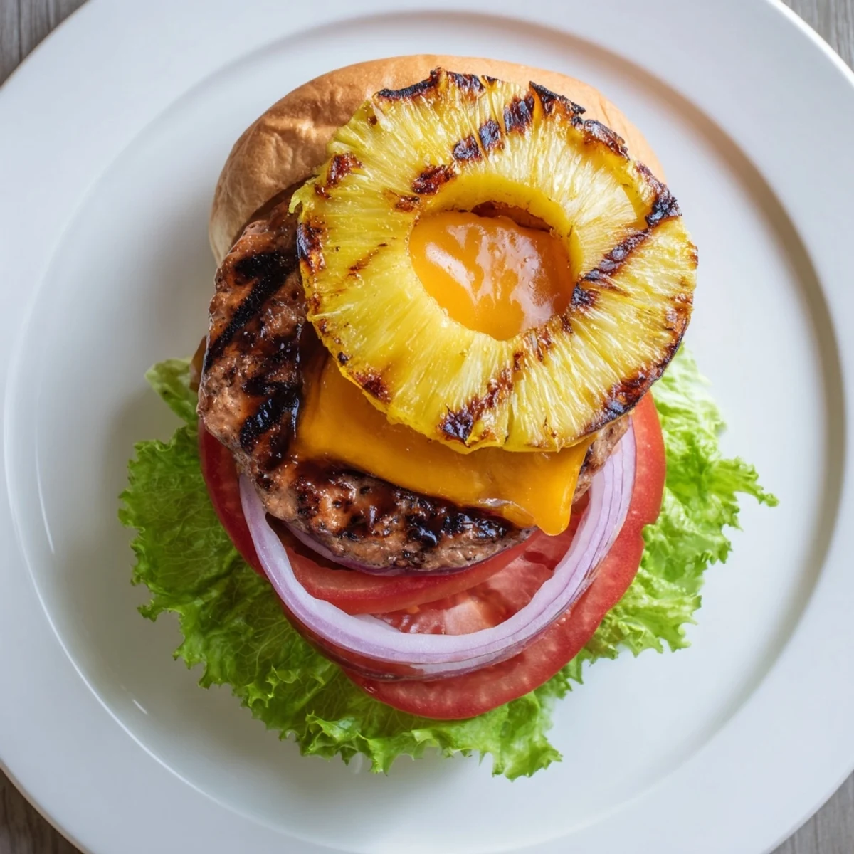 Juicy Hawaiian Pineapple Chicken Burger served with grilled pineapple and fresh veggies, capturing tropical flavors on a plate.