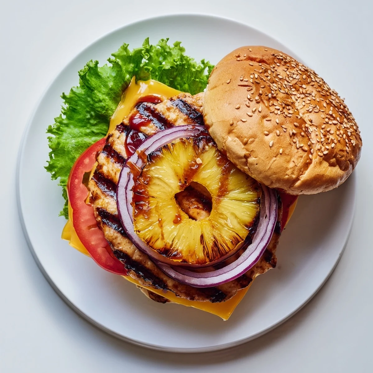 Tropical-inspired Hawaiian Pineapple Chicken Burger with caramelized pineapple, tangy barbecue sauce, and fresh toppings on a toasted bun.