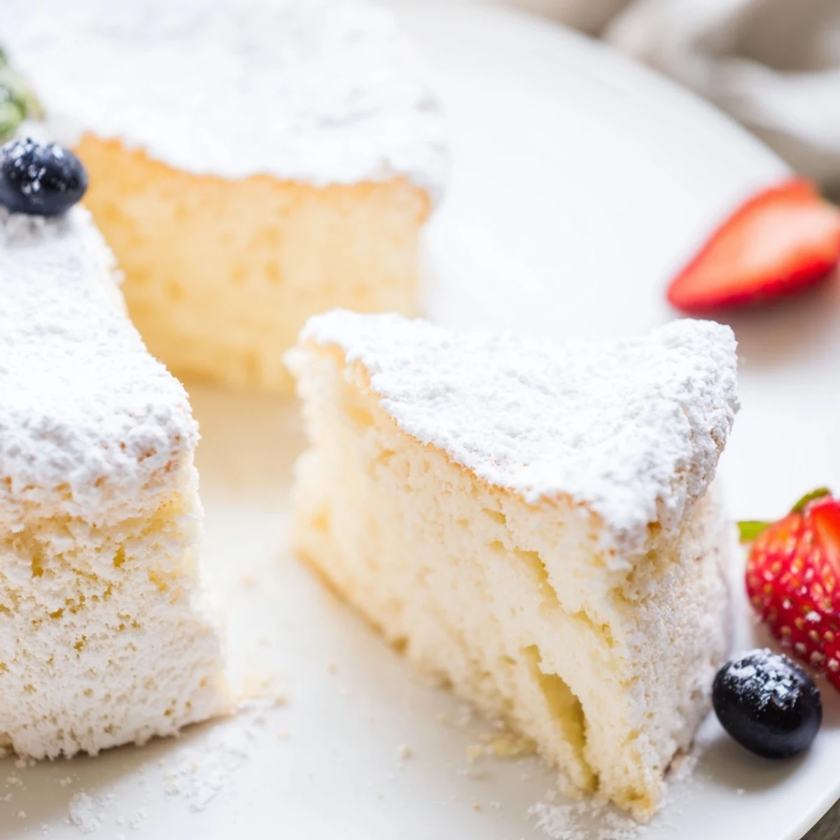 A slice of Fluffy Yogurt Cloud Cake on a white plate, dusted with powdered sugar and topped with fresh raspberries.