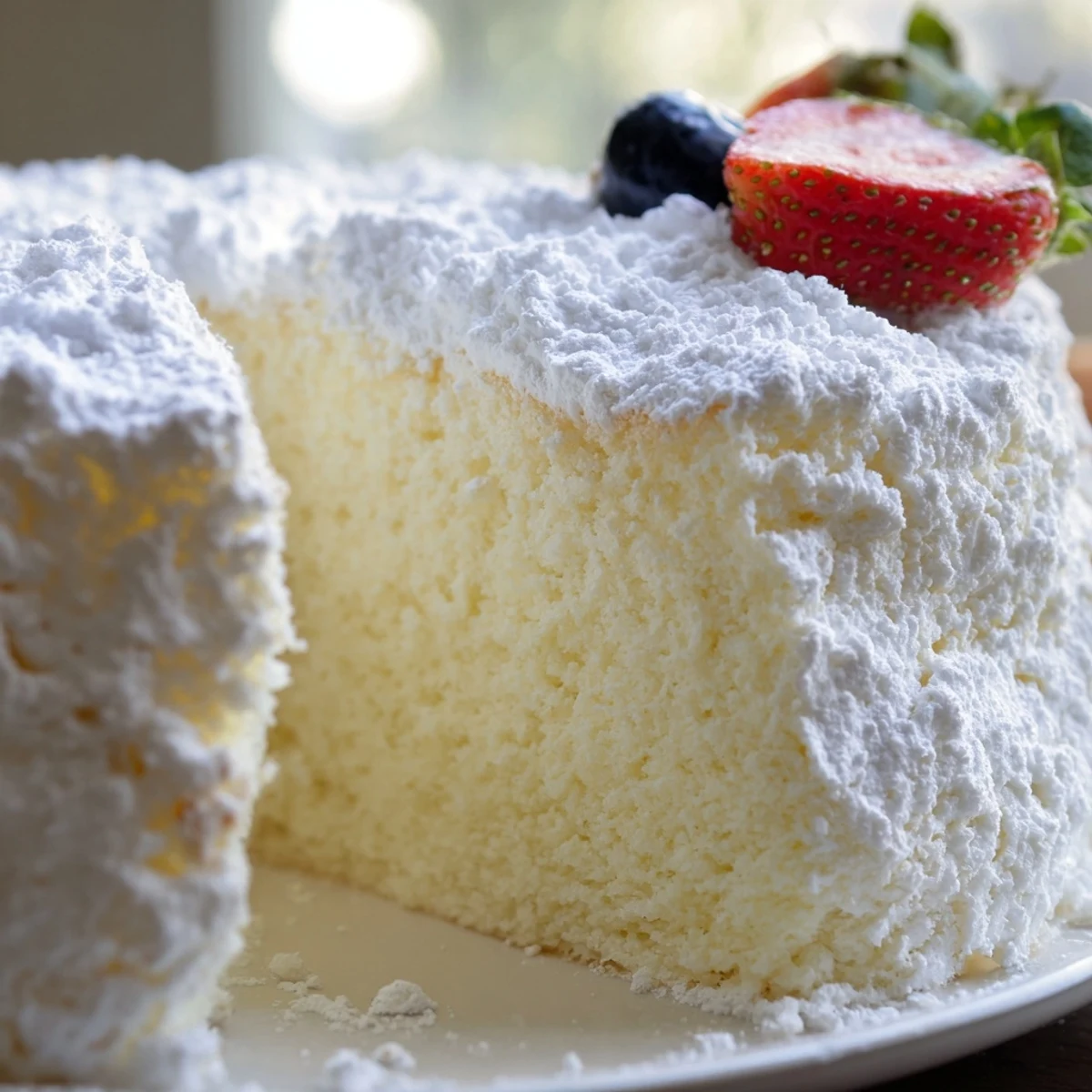 Light and airy Fluffy Yogurt Cloud Cake served with strawberries, showcasing its delicate crumb and golden top.