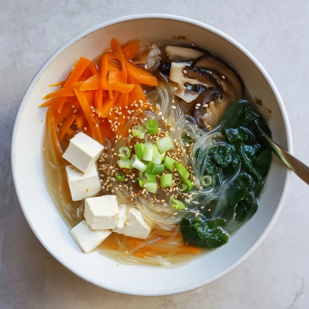 This Japanese Harusame Noodle Soup features clear glass noodles in a steaming, savory broth with carrots and mushrooms.