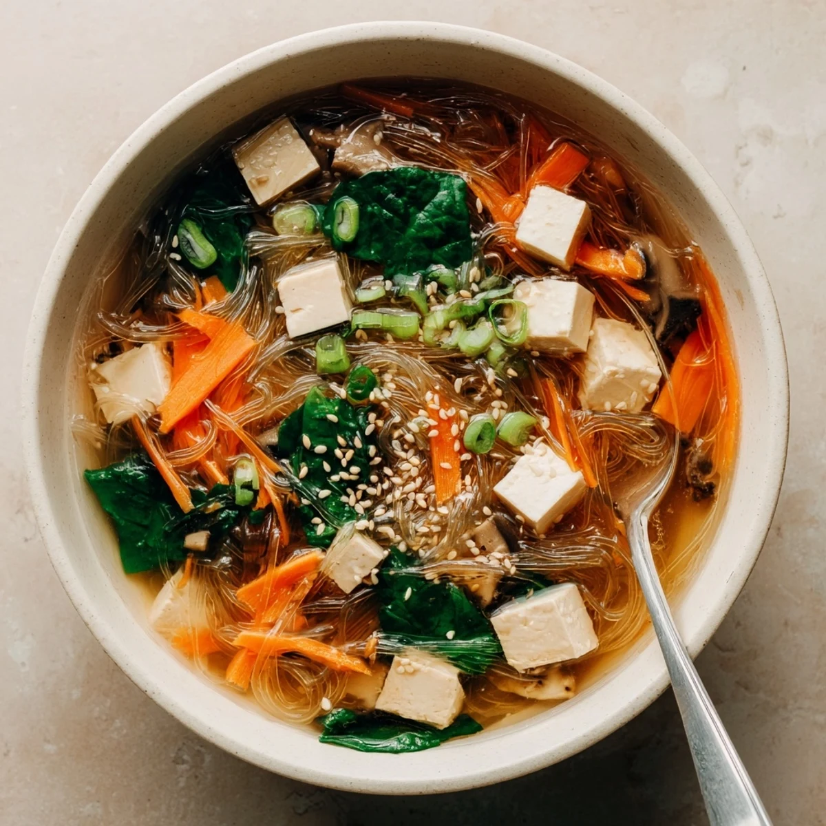 A close-up of Japanese Harusame Noodle Soup in a ceramic bowl, garnished with sesame seeds and fresh green onions.