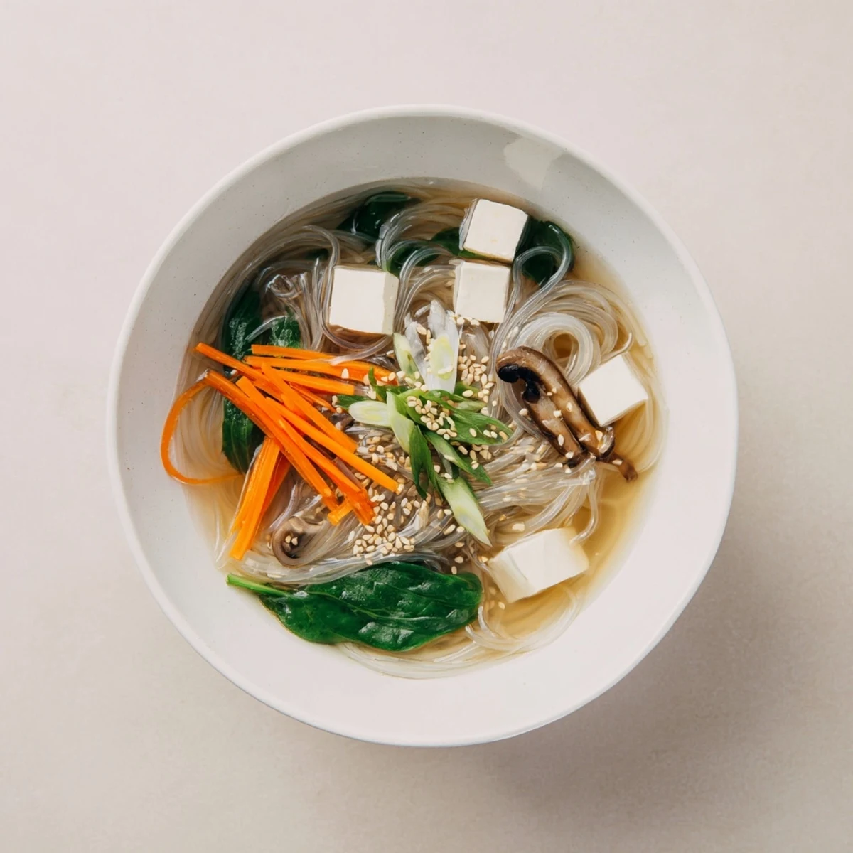 A comforting bowl of Japanese Harusame Noodle Soup ready to serve, with vibrant spinach and a drizzle of sesame oil.