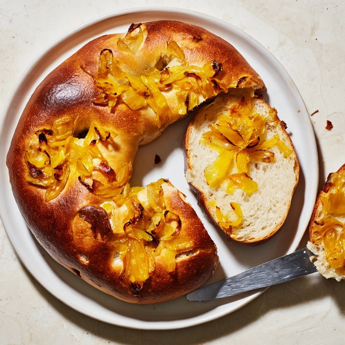 Warm Sourdough Onion Bagels served toasted with cream cheese, highlighting the chewy texture and savory onions.