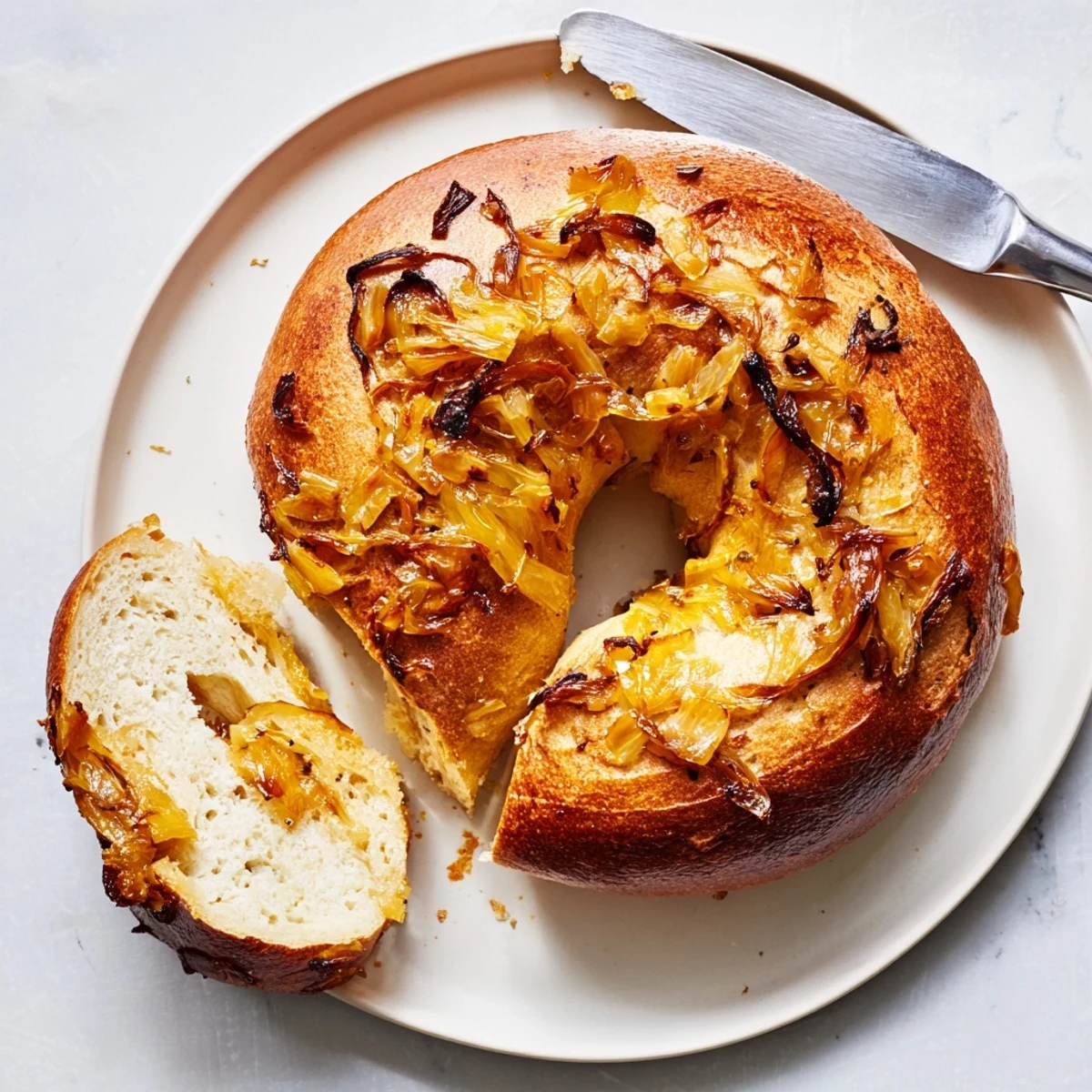 Freshly baked Sourdough Onion Bagels with golden crusts and caramelized onion topping on a wooden board.