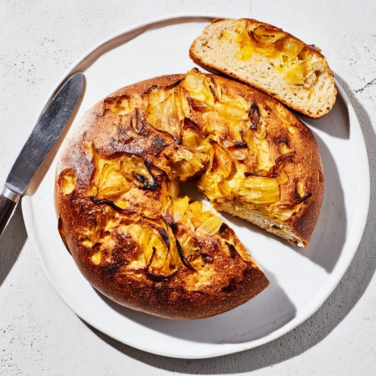 Close-up of Sourdough Onion Bagels showing bubbly crust and sweet caramelized onions, perfect for breakfast or brunch.