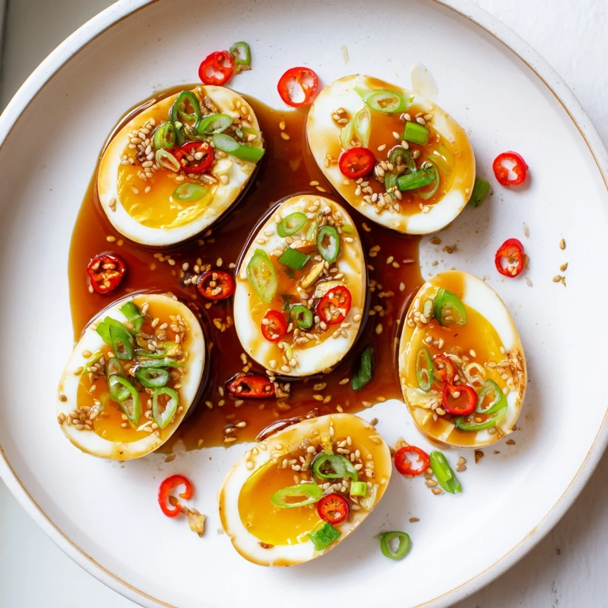 Six soft-boiled Korean Marinated Eggs sit in a savory soy sauce bath with garlic and sesame seeds.