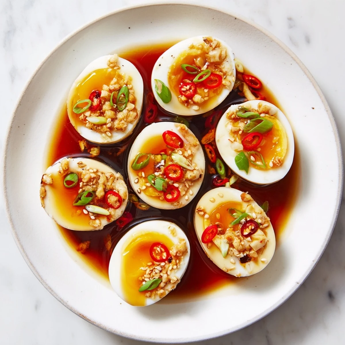 A close-up of Korean Marinated Eggs halved to reveal jammy yolks, served over steamed white rice.