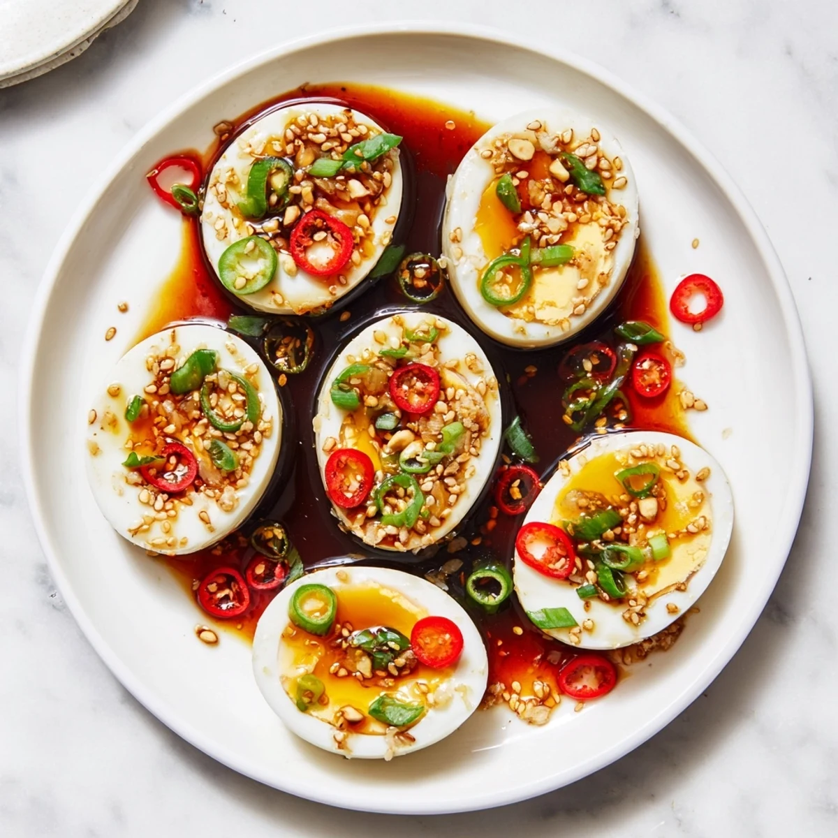 Golden-brown marinated eggs glistening with sesame oil and chili slices, perfect as a Korean side dish.