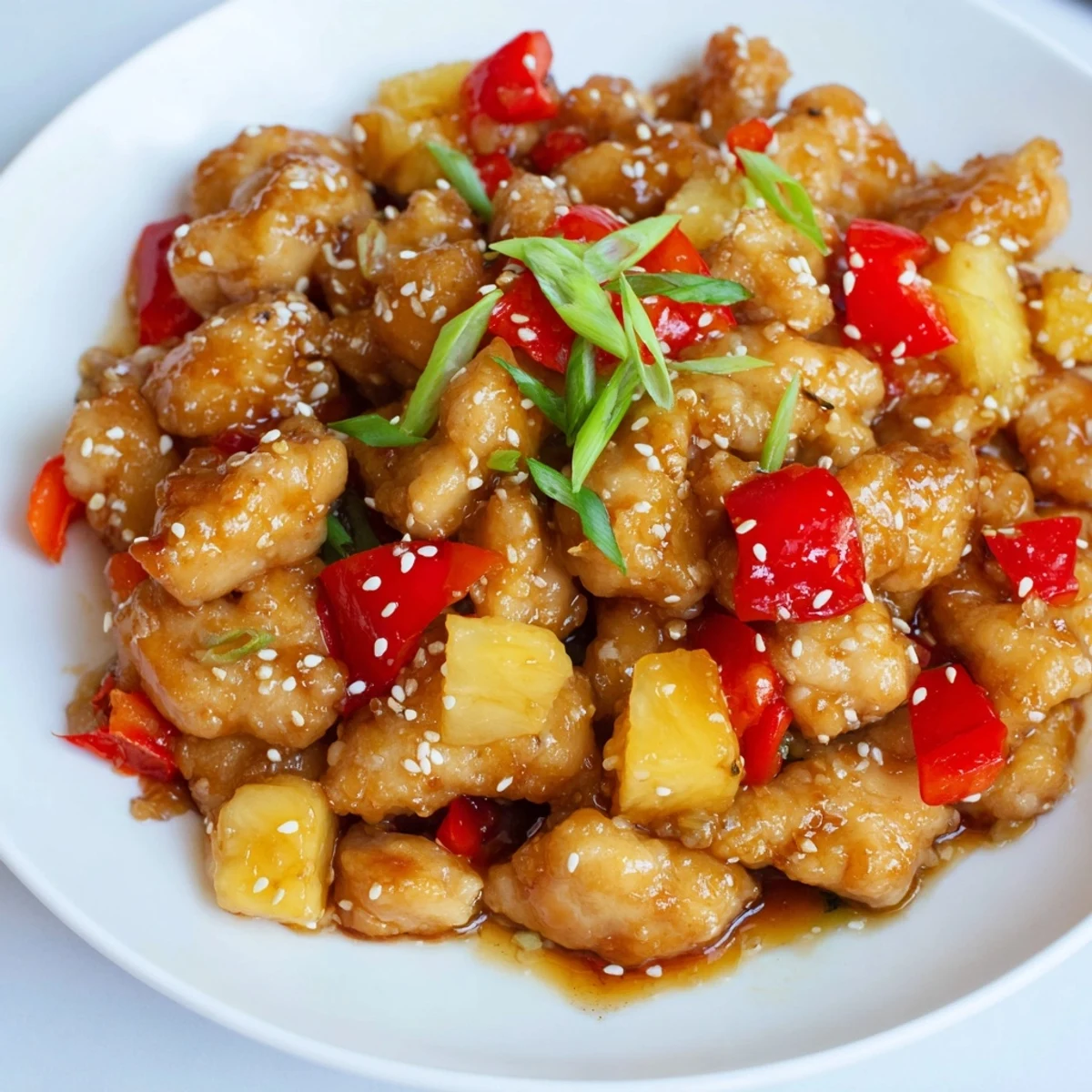 Golden-brown Sticky Pineapple Chicken pieces glistening with tangy sauce, served over fluffy white rice with green onions.
