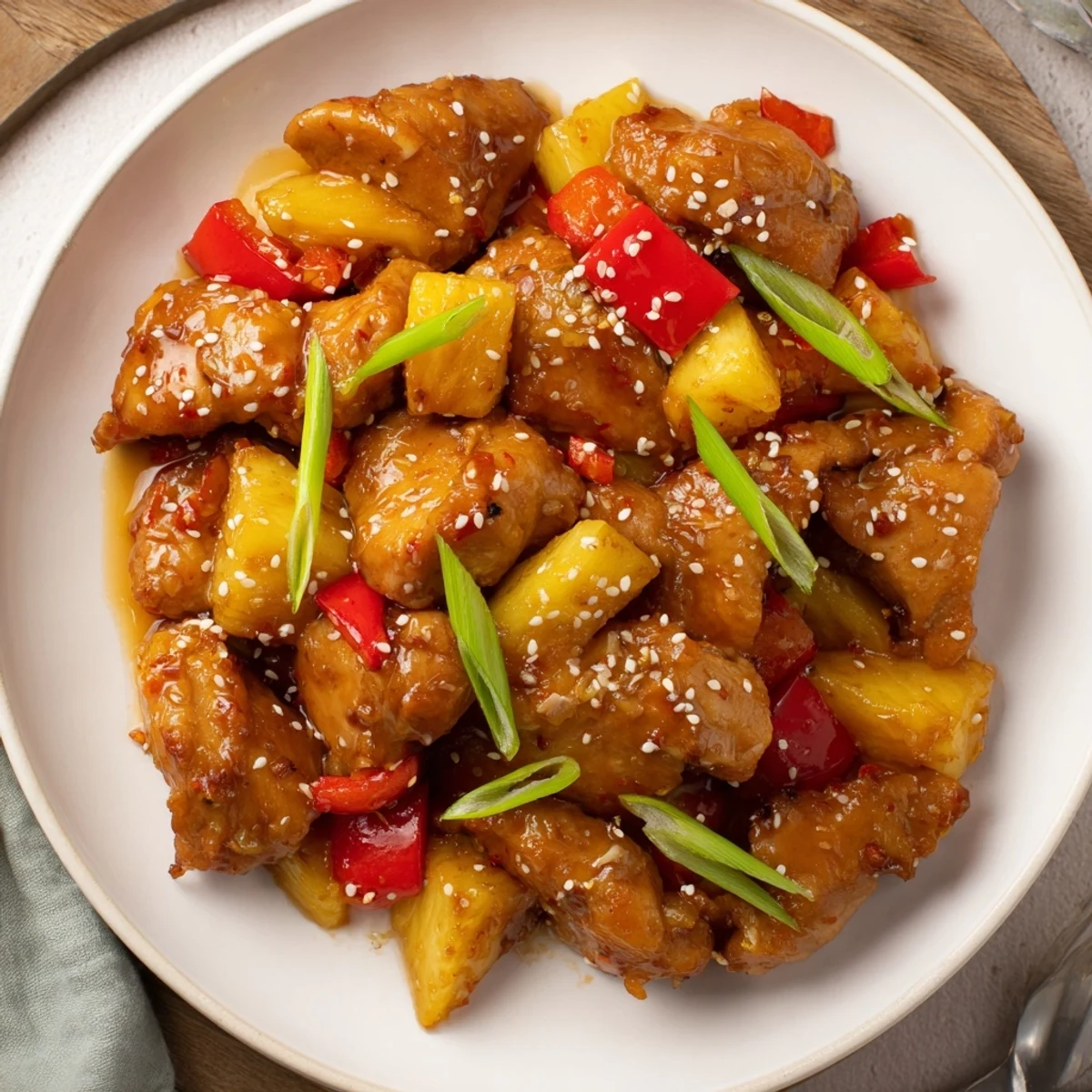 Vibrant Sticky Pineapple Chicken dish featuring juicy pineapple chunks and red bell peppers, ready for a weeknight dinner.