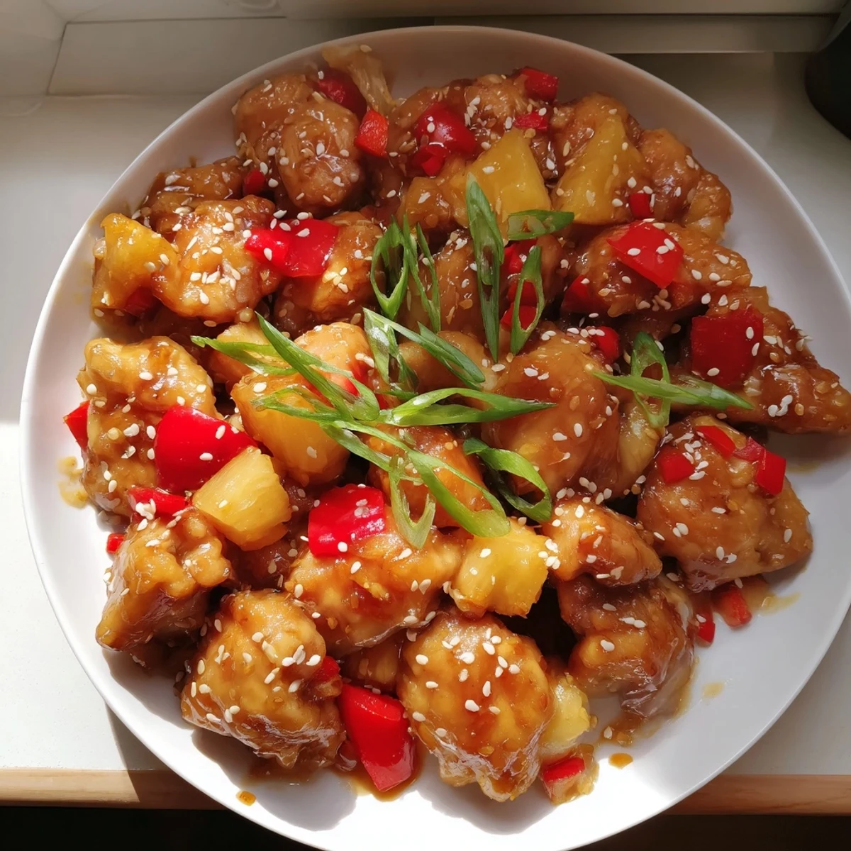 Close-up of Sticky Pineapple Chicken in a skillet, showing succulent glazed chicken and a rich, sweet sauce.
