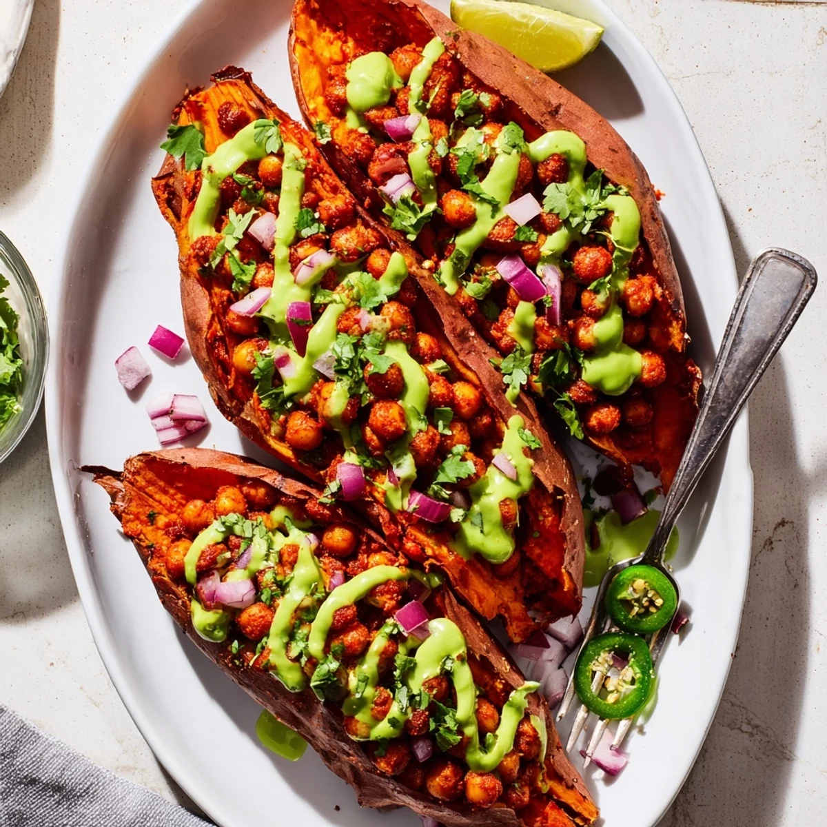 Roasted sweet potatoes loaded with smoky BBQ chickpeas and a creamy avocado-lime drizzle for dinner.
