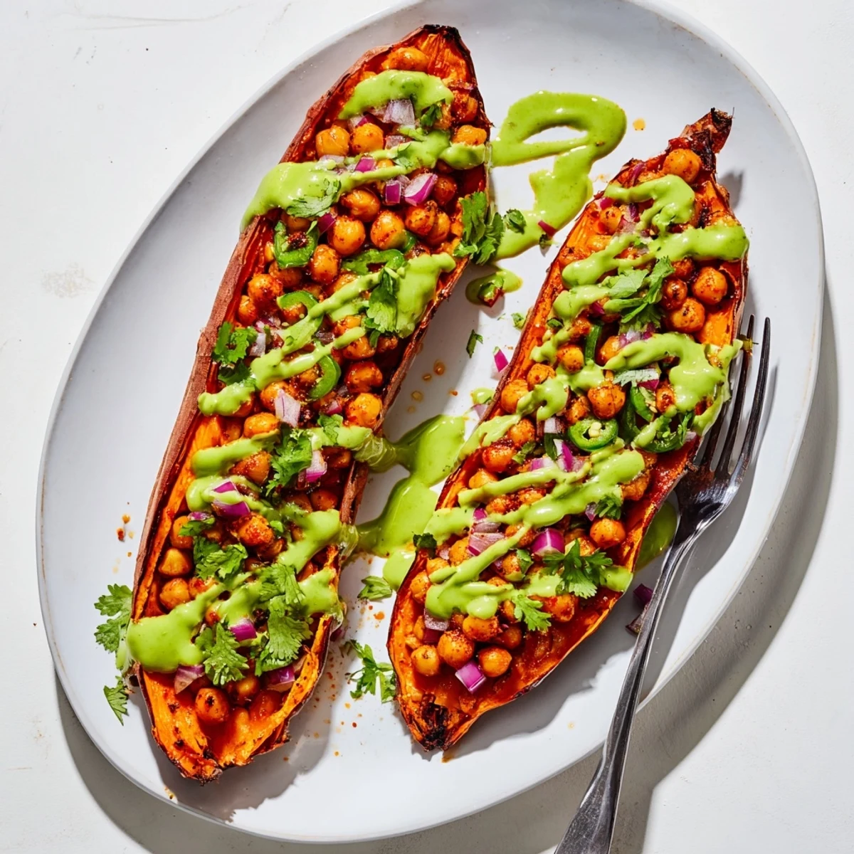 Vegan BBQ Chickpea Sweet Potatoes served hot with fresh cilantro and jalapeño on a plate.